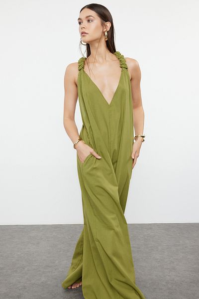 Trendyol Collection Khaki gewebter Strandoverall aus 100 % Baumwolle mit Kordelzug TBESS21TU0269