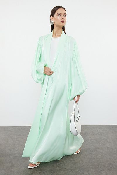 Trendyol Modest Mintgrüne gewebte Kappe mit Ballonärmeln - Ferace/Abaya/Abendkleid TCTSS24KF00041