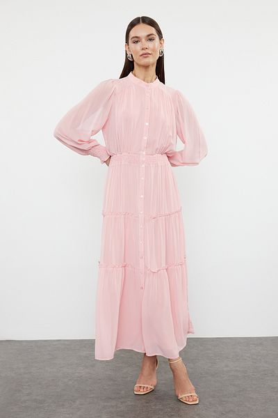 Trendyol Modest Gipe Φόρεμα σιφόν από ξηρό τριαντάφυλλο με λεπτομέρειες και επένδυση - TCTSS24EB00046