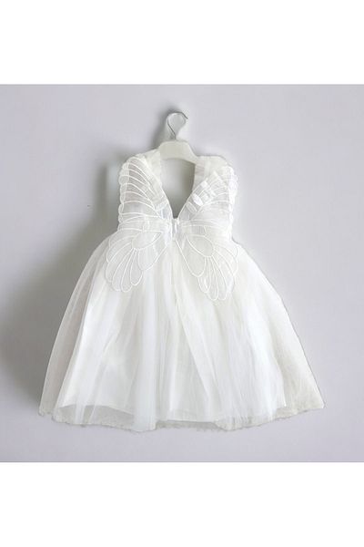 Şirin Şeyler Butiği Rochie pentru fete Fairy Butterfly, cu bretele din tul, cu detalii fluture, Ecru, pentru ziua specială, Rochie albă Zână