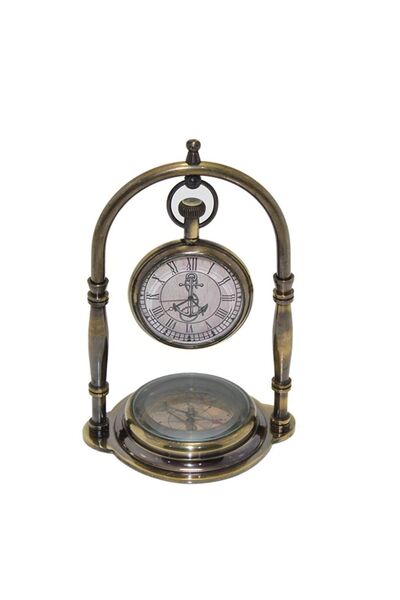 hediyesahibi Decorative Brass Compass And Table Clock