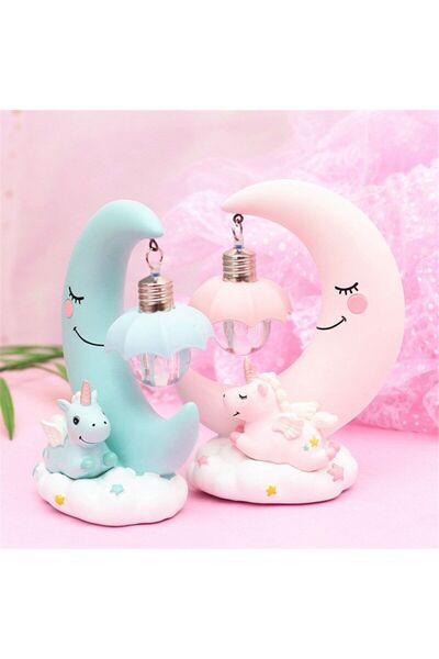 hediyesahibi Dekoratif Ay Dede Ve Minik Unicorn Temalı Masa Lambası Ve Biblo-Karışık