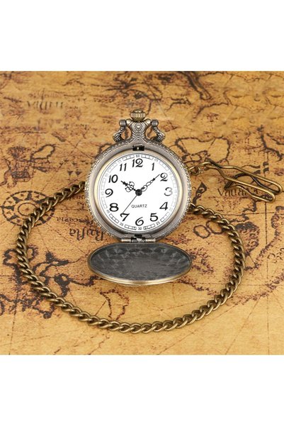 hediyesahibi Retro Design Quartz Train Embossed Chain Chain Pocket Watch