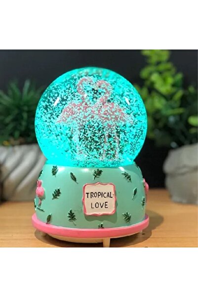 hediyesahibi Flamingolu Temalı Işıklı Müzikli Püskürtmeli Büyük Boy Kar Küresi