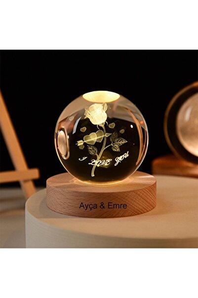 hediyesahibi Işıklı Ahşap Kaideli Aşk Ve Gül Cam Küre 8cm*6cm
