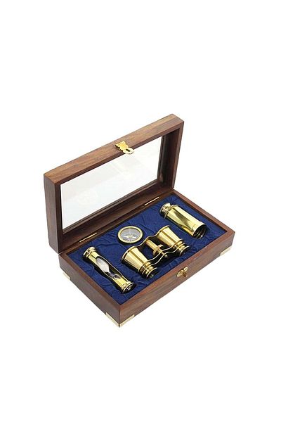 Hediye Sahibi Brass Binoculars Compass and Hourglass Set with Wooden Box-1