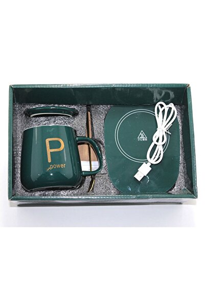 Paras Ticaret Electric Heater Green Porcelain Mug Cup with Lid and Spoon See Description