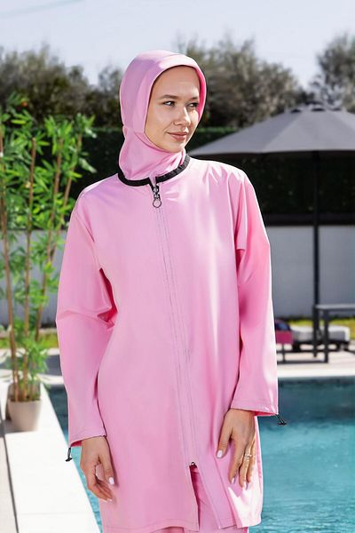 Mayom Pink Color Full Covered Water Repellent Fast Drying Side Adjustable Zippered Hijab Swimsuit