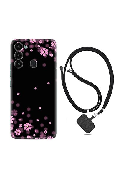 TECNO Spark 8c Kılıf Ipli Boyun Askılı Desenli Silikon Black Flowers 1391