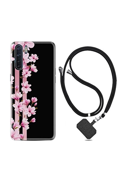 Kılıfland Oppo A91 Kılıf Desenli Silikon Boyun Askılı Pink Flowers 3 1393
