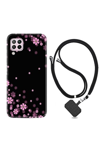 Kılıfland Huawei P40 Lite Kılıf Desenli Silikon Boyun Askılı Black Flowers 1391