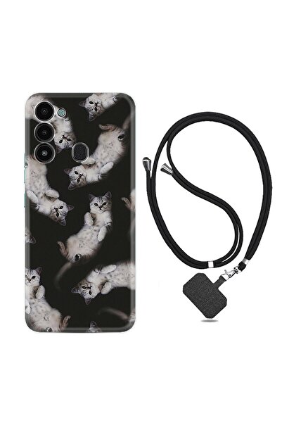 TECNO Spark 8c Kılıf Ipli Boyun Askılı Desenli Silikon Sevimli Kedicikler 1785