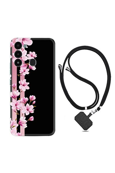 TECNO Spark 8c Kılıf Ipli Boyun Askılı Desenli Silikon Pink Flowers 3 1393