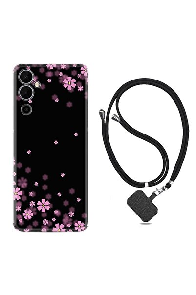 TECNO Pova Neo 2 Kılıf Ipli Boyun Askılı Desenli Silikon Black Flowers 1391