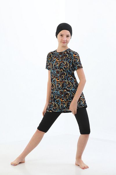 bigiyin Yellow Digital Patterned Half Sleeve Swimsuit for Girls