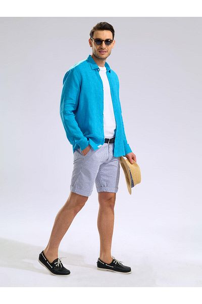 Germirli Turquoise Blue Delave Linen Shirt - Soft Collar, Tailor Fit