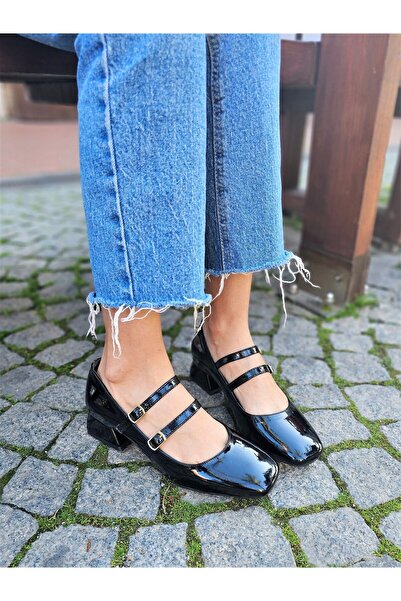 EPTC Siyah 2 Bantlı Arkası Kapalı Mary Jane Kare Küt Burun Topuklu Ayakkabı TARAKLIAYKLR 1NO BÜYÜK