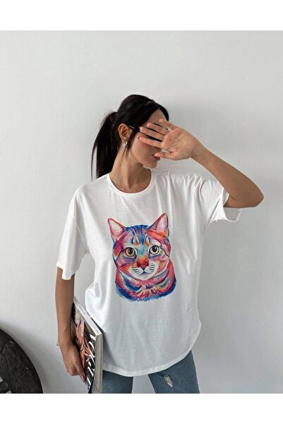 Oyer Moda Cat Patterned Ecru Short Sleeve T-shirt