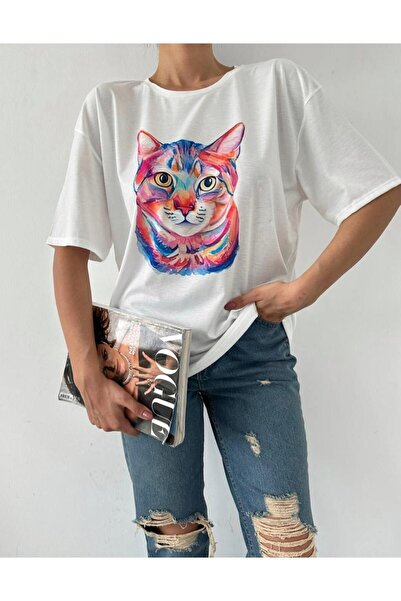 Oyer Moda Cat Patterned Ecru Short Sleeve T-shirt