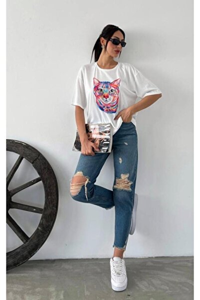 Oyer Moda Cat Patterned Ecru Short Sleeve T-shirt