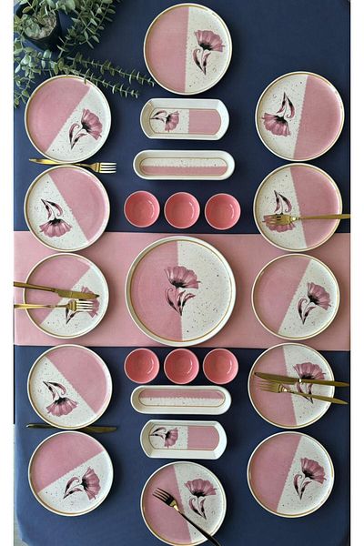 VENÜS HOME DECORATION Poppy Model 12-Person 23 Piece with Saucer Breakfast Set (Pink)