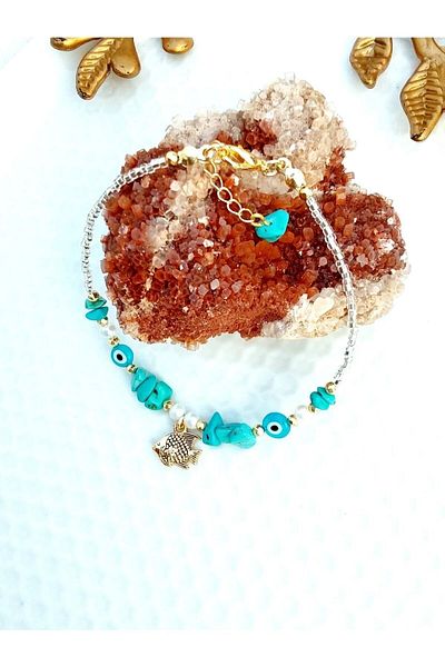 By Song Aksesuar Turquoise Natural Stone Anklet with Eye Apparatus