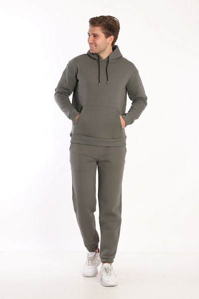 NEED LİFE Men's Light Khaki Winter Cotton Hooded Kangaroo Pocket Comfortable Fit Tracksuit Set
