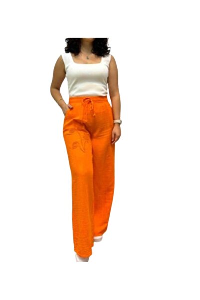 ZY BUTİK Orange Muslin Fabric - Elastic Waist Wide Leg Summer Trousers