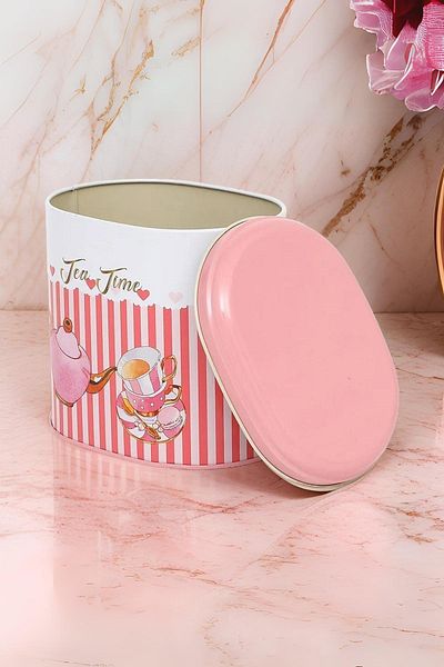 EVLE Ef004-e6 Sprinkles Tea Time Patterned Oval Metal Storage Container 11x15 Cm