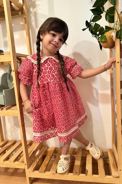 penu baby kids Angelika - Red Floral Patterned Scallop Girls' Dress