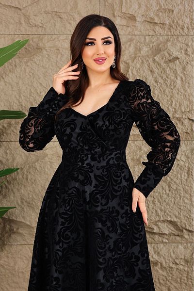 Matik Abiyem Thin Satin Sweetheart Cutout - Flock Printed Midi Dress Evening Dress