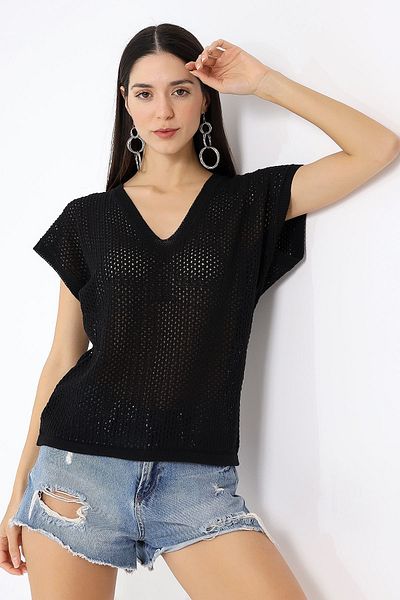 Devinka Tricou de damă oversize, ajurat, cu decolteu în V, confortabil, negru