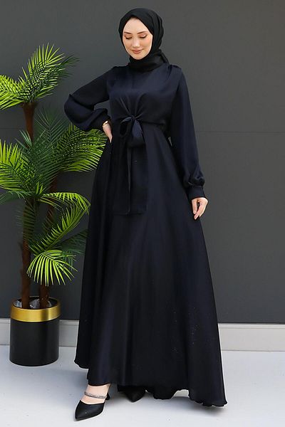 GİZ AGİYİM Dark Navy Blue Waist Knotted Dress
