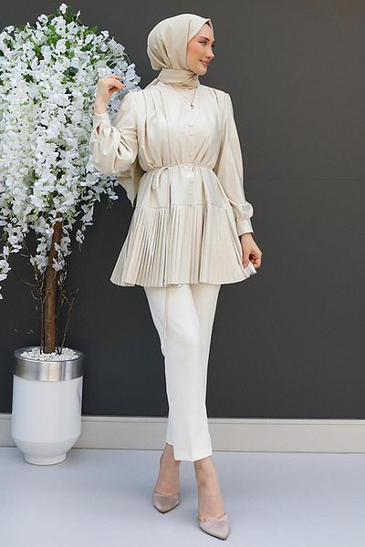 GİZ AGİYİM Cămașă cu șase pliuri de culoarea pietrei