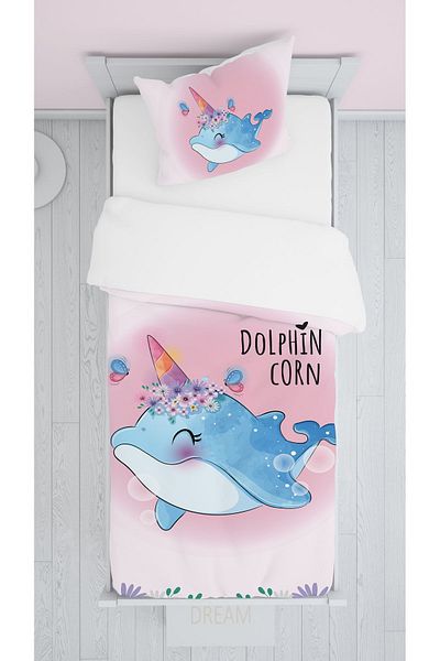 EVSEHOMES Dolphin Unicorn Children's Room Set - Background Curtain, Bedspread and Pillow Rug