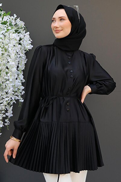 GİZ AGİYİM Μαύρο πουκάμισο με πλισέ κάτω