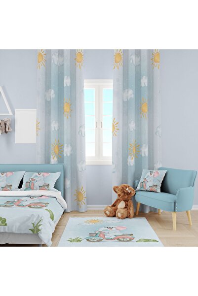 EVSEHOMES ДИТЯЧИЙ КОМПЛЕКТ «СЛОН НА ВЕЛОСИПЕДІ» (ШТОРИ, ПОКРІВЛЯ ДЛЯ ЛІЖКА ТА...