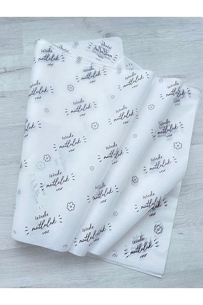 eylülün etiket fabrikası There's Happiness Inside / White Twill Paper with Black Pattern / Wrapping Paper - 50 Pieces / 50x70 cm.
