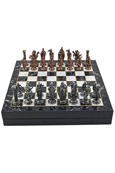 Gift Home Gifthome Büyük Boy Metal Ingiliz Satranç Takımı Antik Ve Mermer Des...