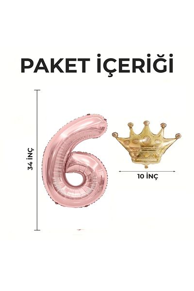 Konsept Sepeti Σετ γενεθλίων 6 ετών Rose Gold - King Crown με μπαλόνια και δώρο κεφαλόδεσμο