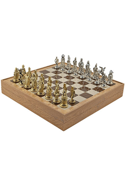 Gift Home GiftHome Büyük Boy Metal OSMANLI-BİZANS Satranç Takımı Parlak ve Rustik Desenli Sandıklı MDF Tahtası