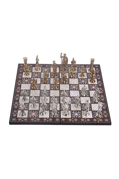 Gift Home Gifthome Metal Satranç Takımı Battal Boy, Roma Figürlü Parlak Satranç Taşı Ve Mdf Katlanır Sedef Des