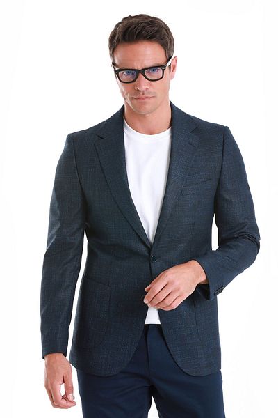 Hatemoğlu Patterned Slim Fit Navy Blue Mono Collar Classic Jacket