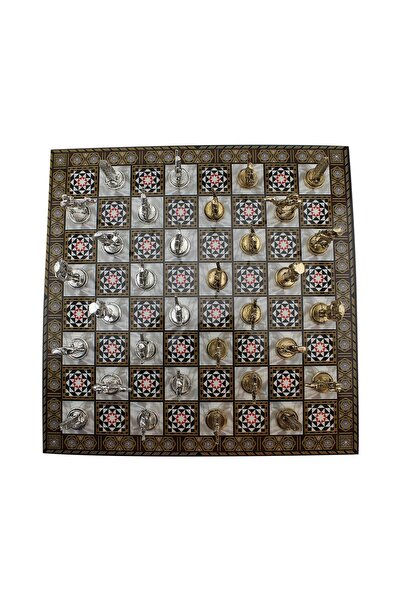 Gift Home Metal Mısır Satranç Takımı Parlak ve Sedef Desenli MDF Ahşap Satranç Tahtası (37x37 cm.)