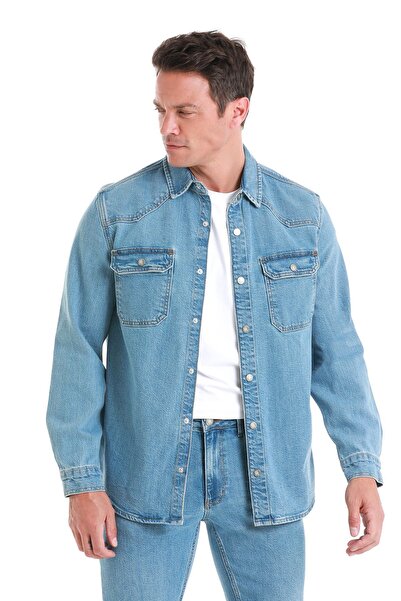 Hatemoğlu 100% памучна синя риза с дълъг ръкав, удобна и с прилепнала кройка