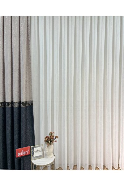 Brillant Naturel Keten Düz Dikim Pilesiz Hazır Tül Perde- Krem