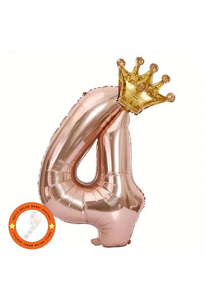 Konsept Sepeti 4 Years Old Rose Gold Birthday Set - King Crown with Balloons and Gift Headband