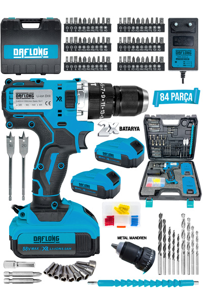 DAFLONG DARBELİ Matkap 58 V 5ah Li-İON Çift Metal Şanzuman Çift Akülü Şarjlı Matkap 84 Parça Set Hediyeli