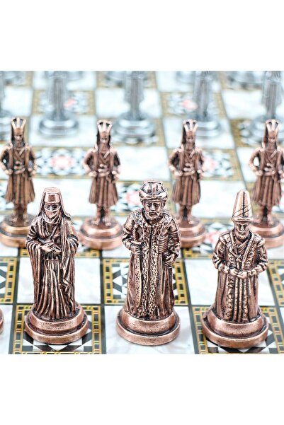 Gift Home Büyük Boy Metal Osmanlı Bizans Satranç Takımı Antik Ve Katlanır Sedef Desenli Mdf Ahşap Satranç Taht