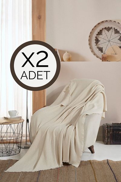 Lux Touch Вера Екрю 2 части Покривало за диван Шал за фотьойл 150 X 200 см Памучно одеяло за телевизор